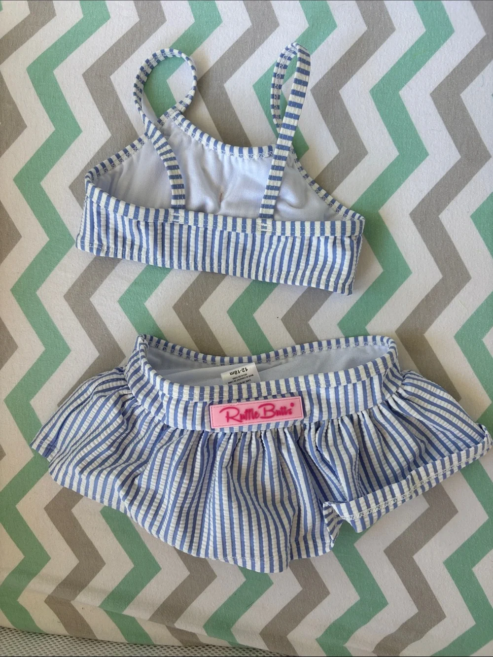 Ruffle Butts Blue & White Striped Two-Piece Bikini with Pink Bow